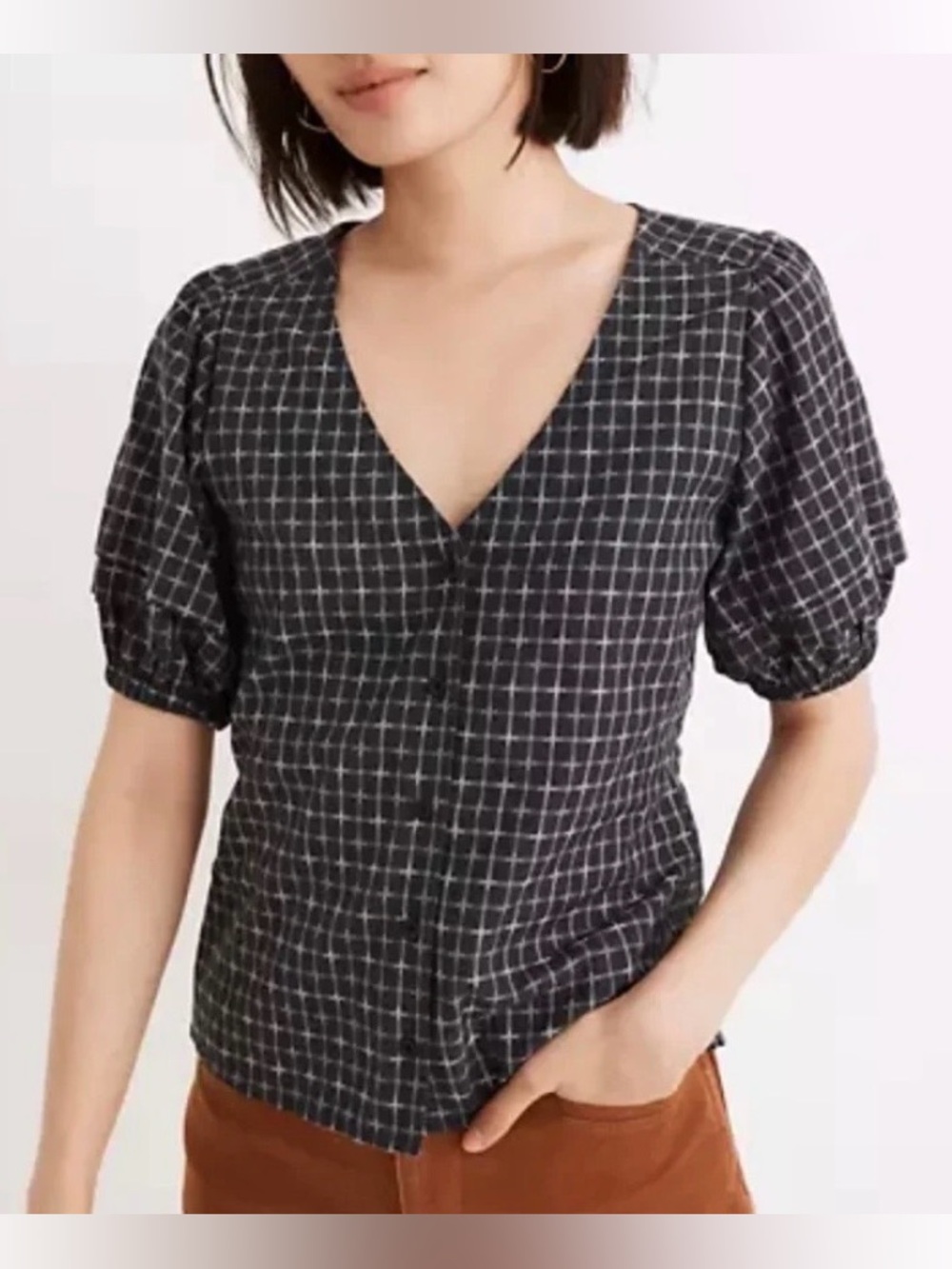 Madewell Pembroke Top Textured  Check Pattern Grey White 100% Cotton